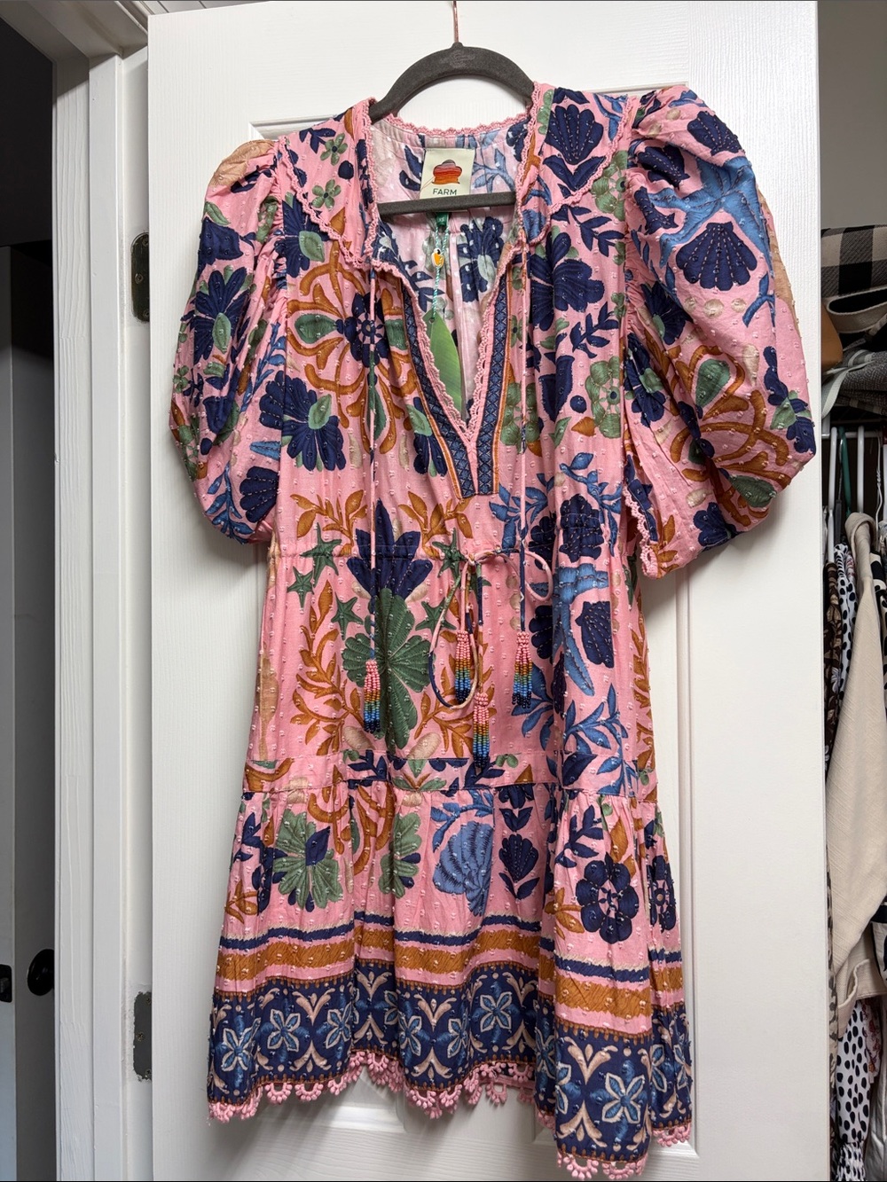 FARM Rio Pink seashell Multicolor Floral Puff-Sleeve Mini Dress